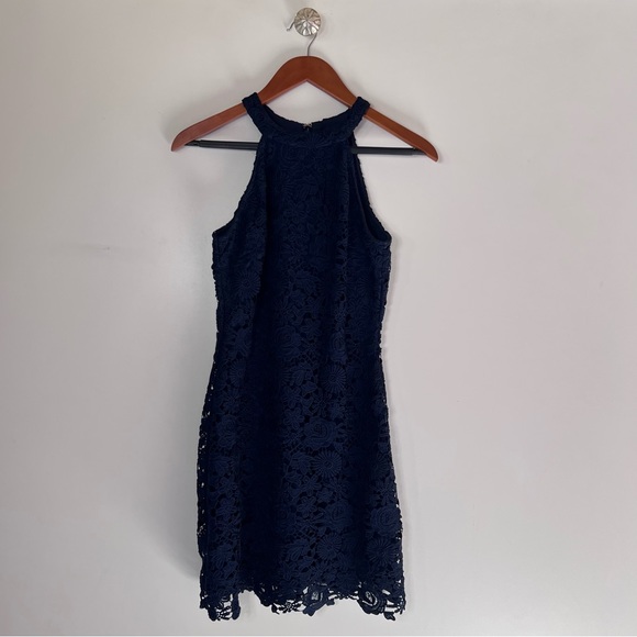LULU’S LOVE POEM NAVY BLUE LACE MINI DRESS Small - Picture 5 of 16